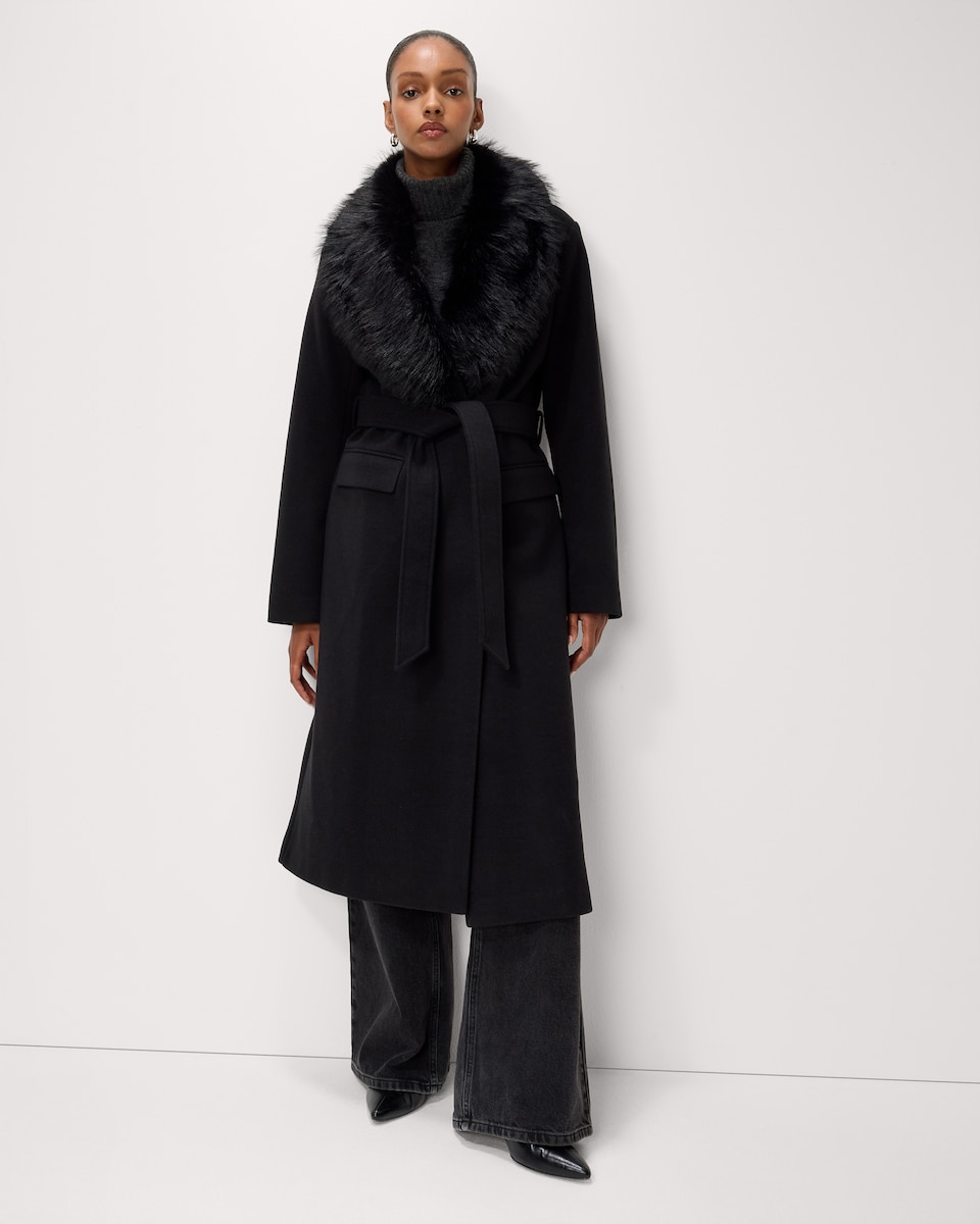 image 1 of F&F Faux Fur Collared Belted Coat in Black
