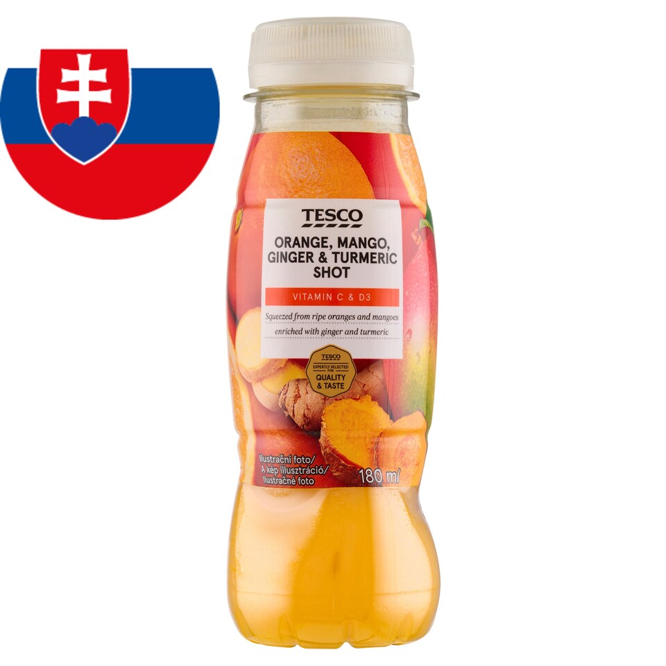 Tesco Nesýtený ovocný nápoj s pomarančovou šťavou, mangom, zázvorom, kurkumou 180 ml	