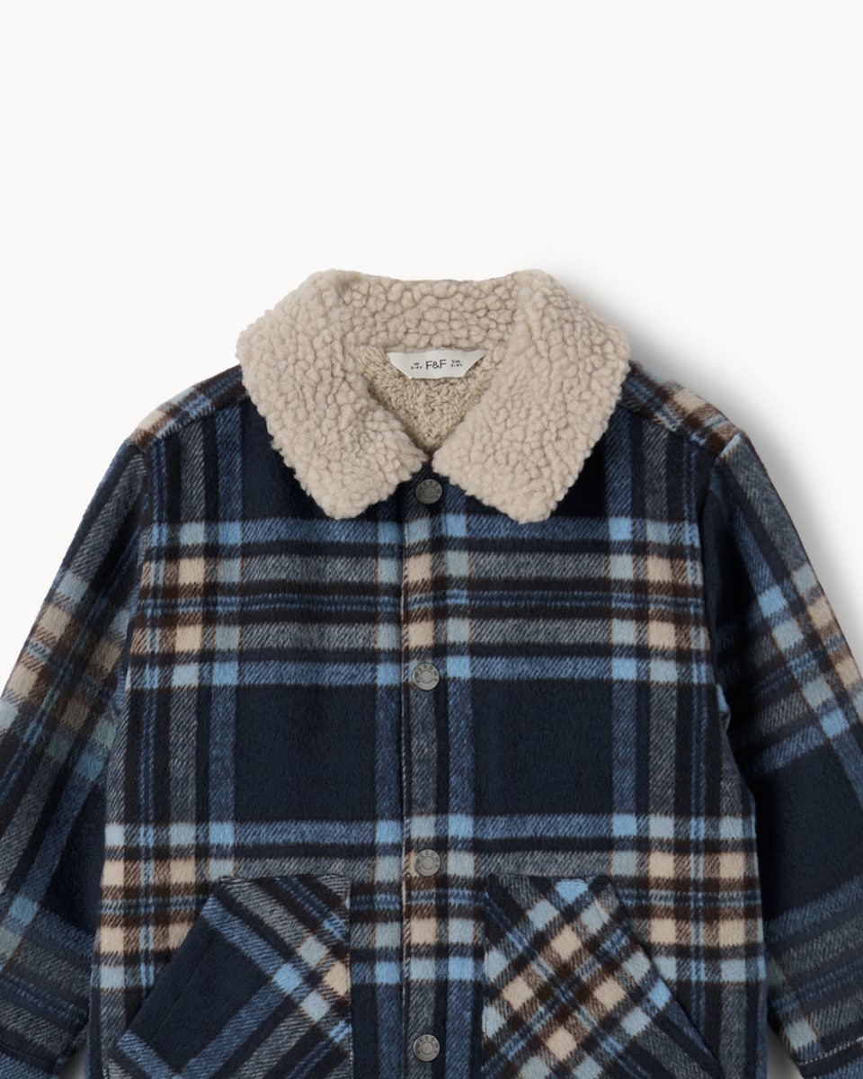 image 1 of F&F Boys Checked Borg Jacket in Navy