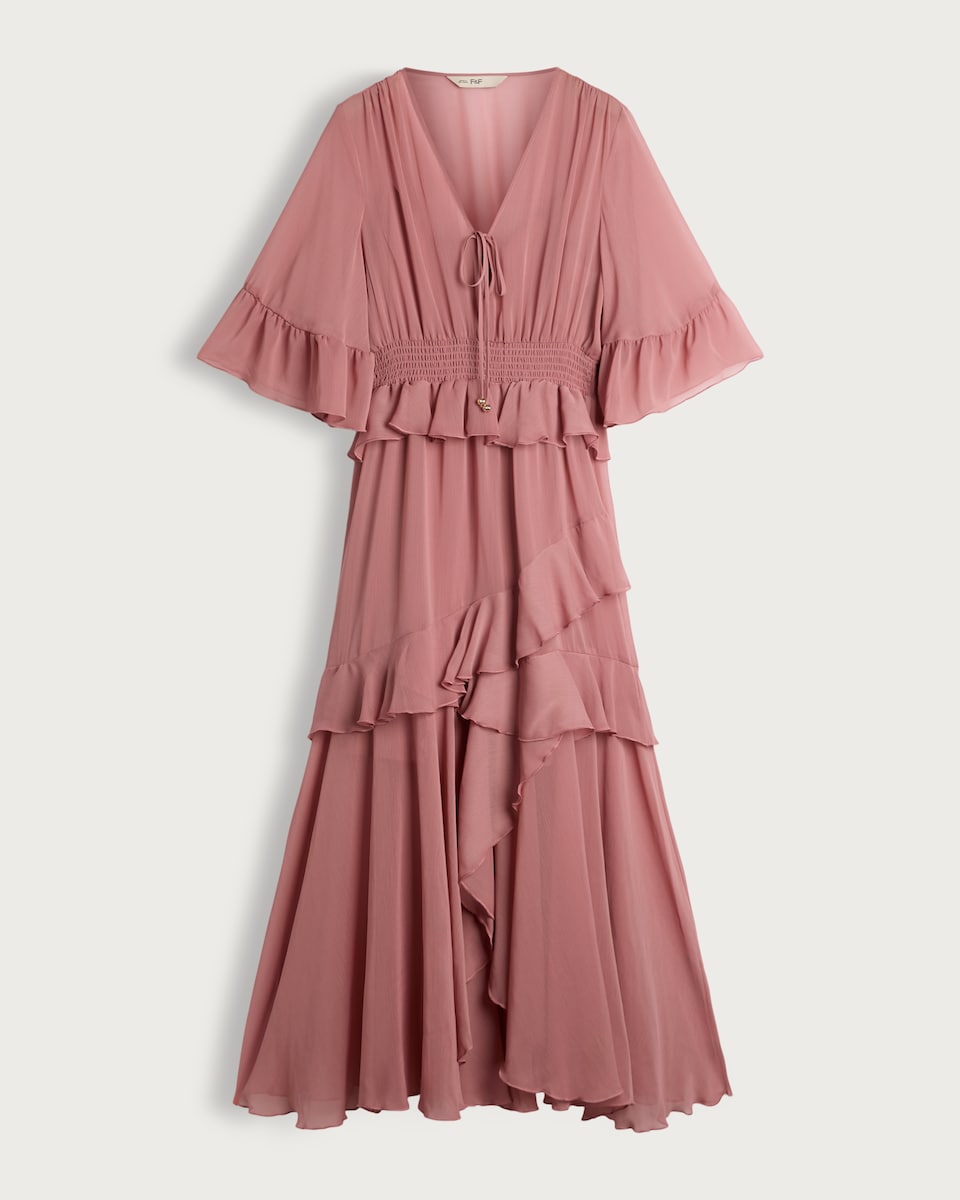 image 1 of F&F Chiffon Ruffle Boho Midi Dress in Pink