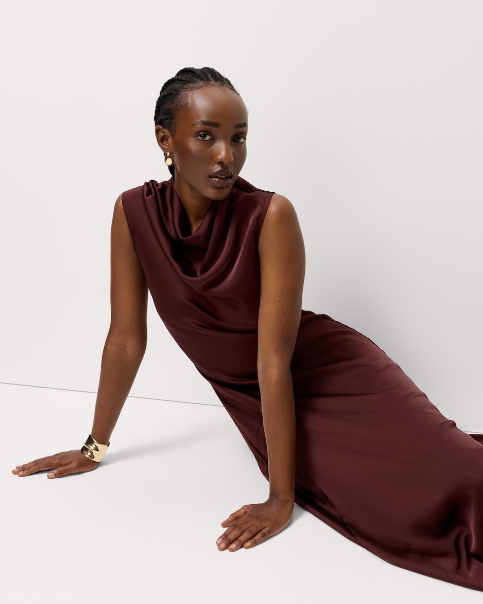 image 1 of F&F Satin Cowl Neck Midi Dress in Burgundy
