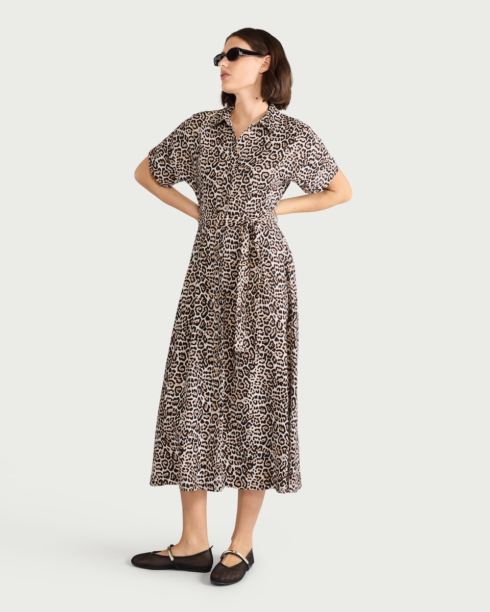 image 1 of F&F Leopard Print Collared Midi Dress in Multi Brown
