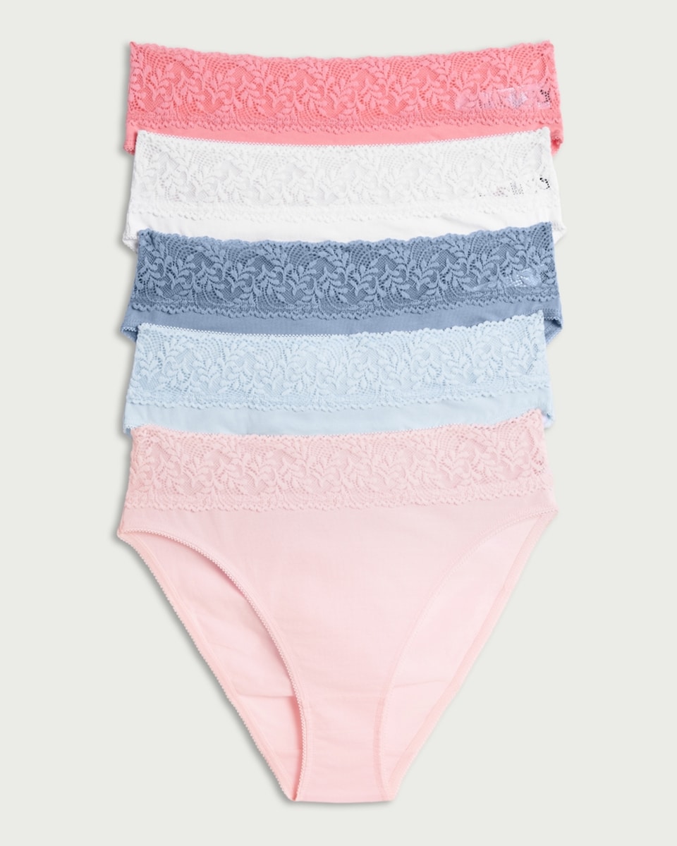 image 1 of F&F 5-Pack Cotton Rich Lace Trim High Leg Knickers in Multi