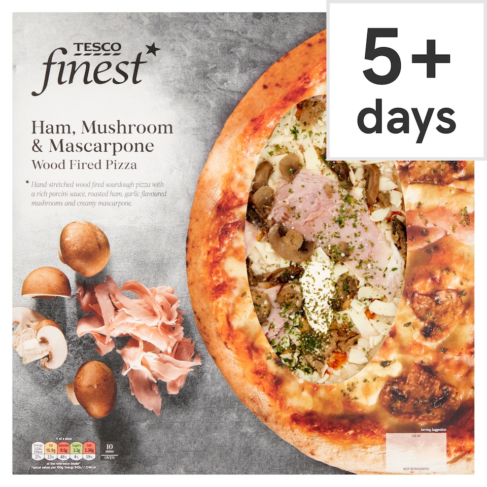 Tesco Finest Ham Mushroom Mascarpone Wdfired Pizza 510G