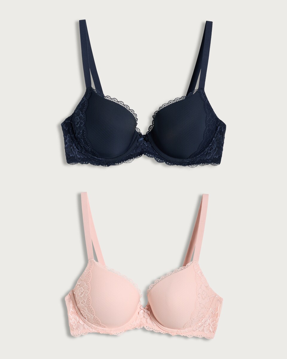 image 1 of F&F 2-Pack Ribbed Lace Trim Padded Wired T-Shirt Bras in Pink