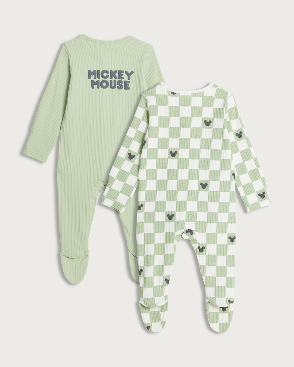image 1 of Disney 2-Pack Mickey Mouse Long Sleeved Sleepsuits in Green
