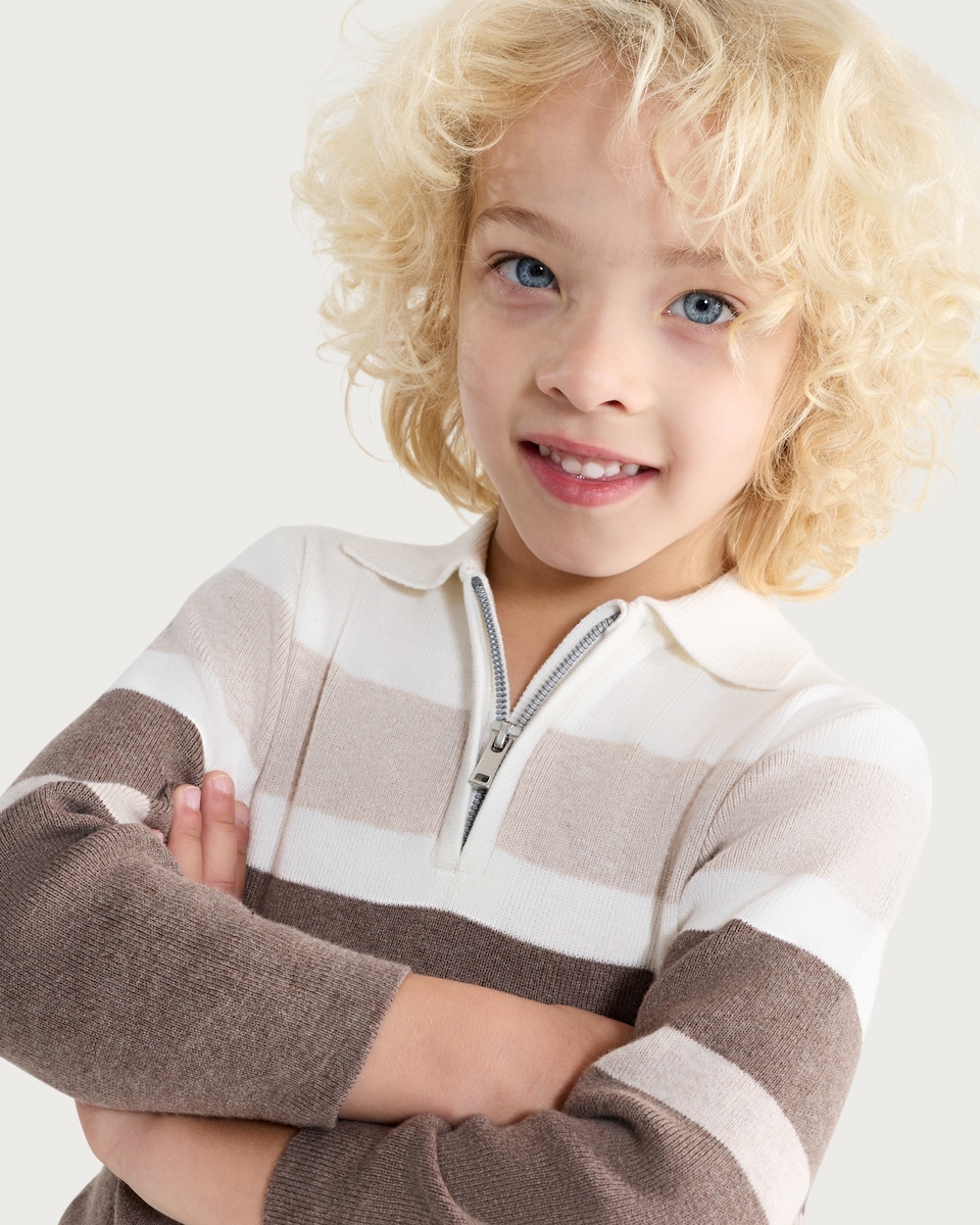 image 1 of F&F Boys Cotton Rich Colour Block Half Zip Polo Top in Mink