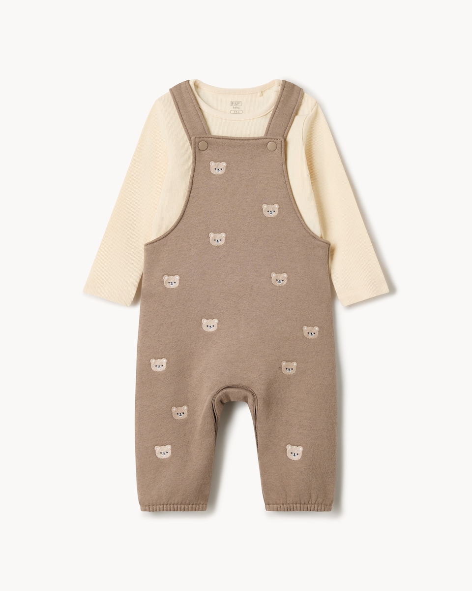 image 1 of F&F Baby Cotton Rich Teddy Bear Embroidered Dungarees and Bodysuit Set in Neutral