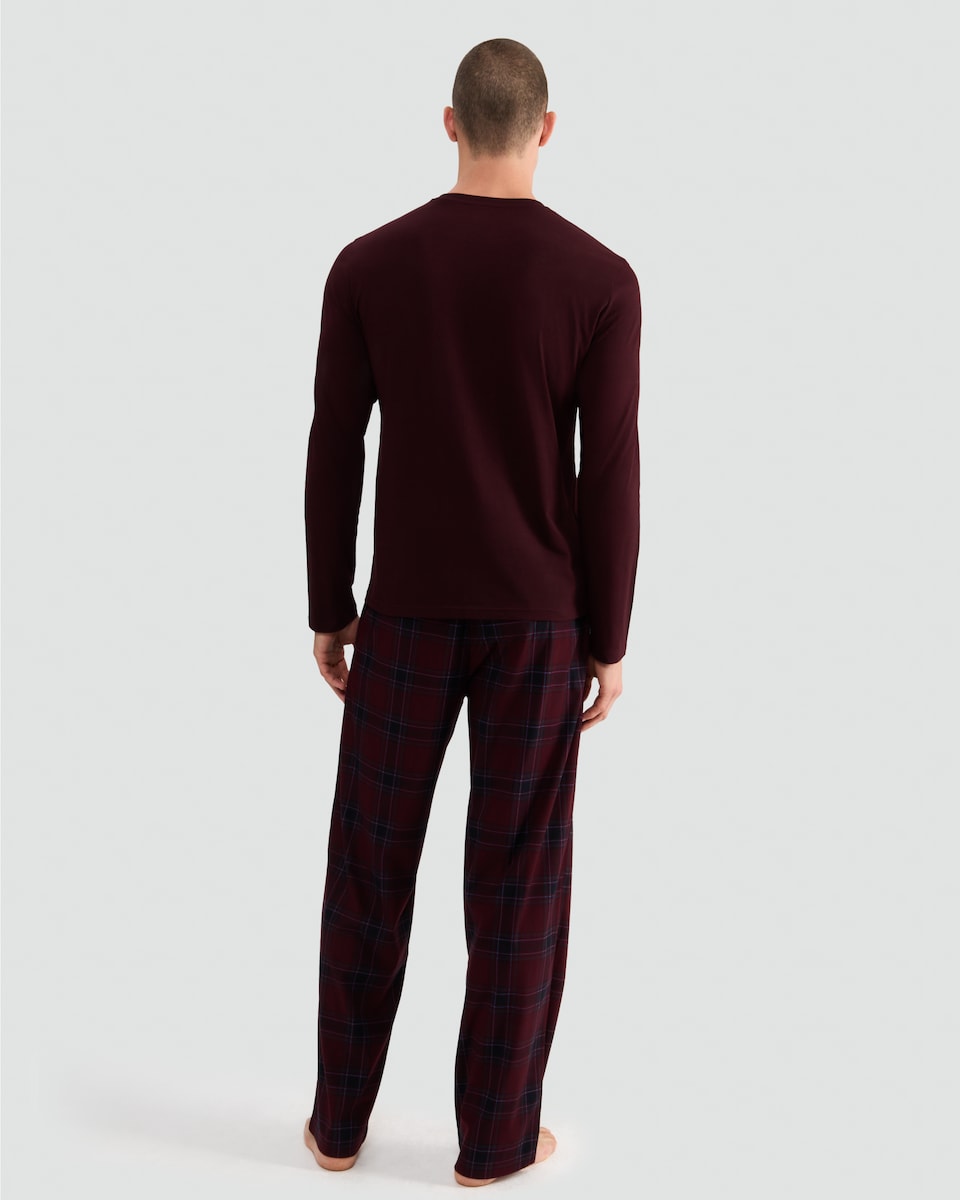 image 1 of F&F Long Sleeved Fleece Check Print Pyjamas in Burgundy