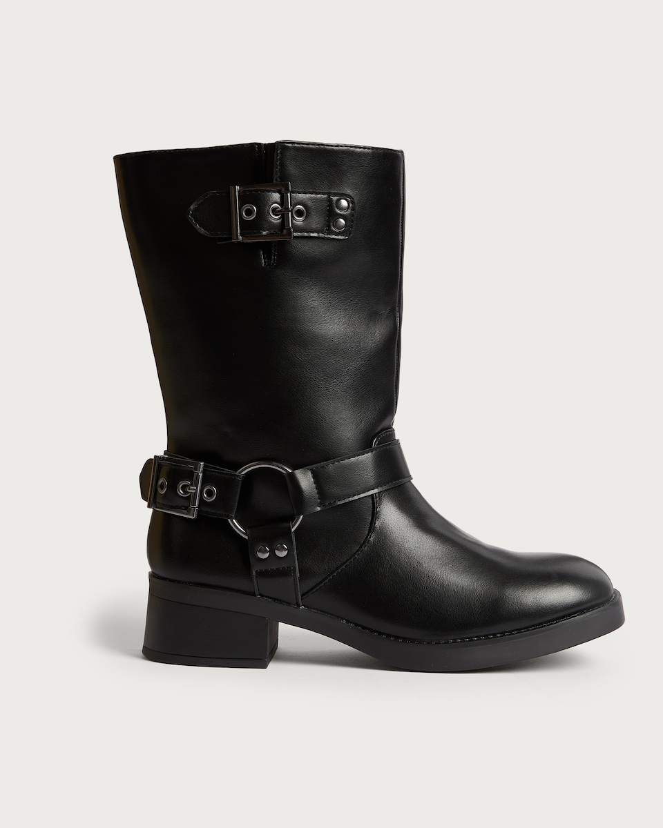 image 1 of F&F Faux Leather Biker Buckle Boots in Black
