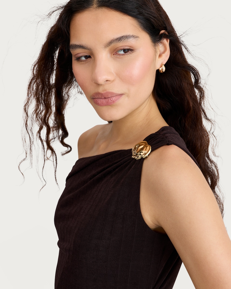 image 1 of F&F Satin Cowl Neck Metal Accent Midi Dress in Chocolate