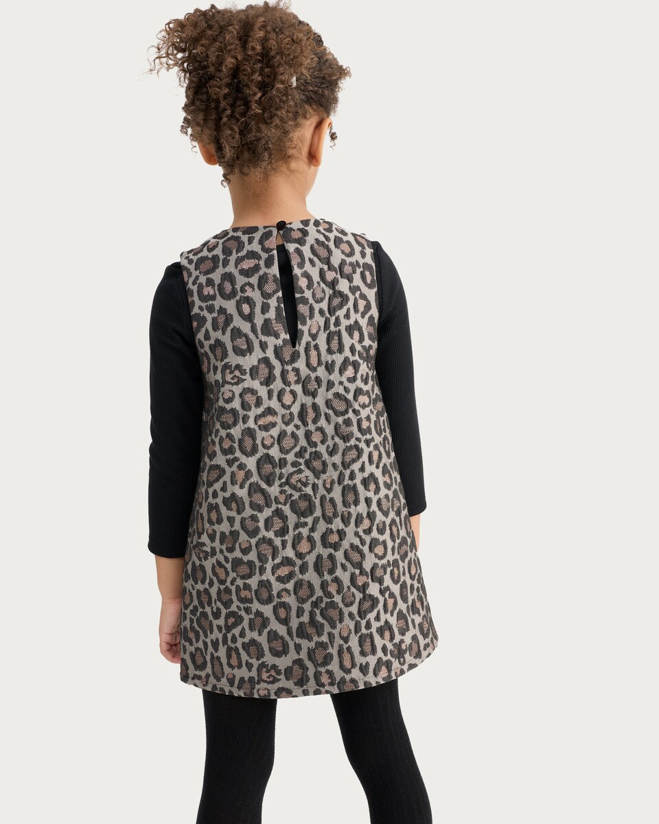 image 1 of F&F Girls Leopard Print Bow Accent Sleeveless Dress in Multi Brown