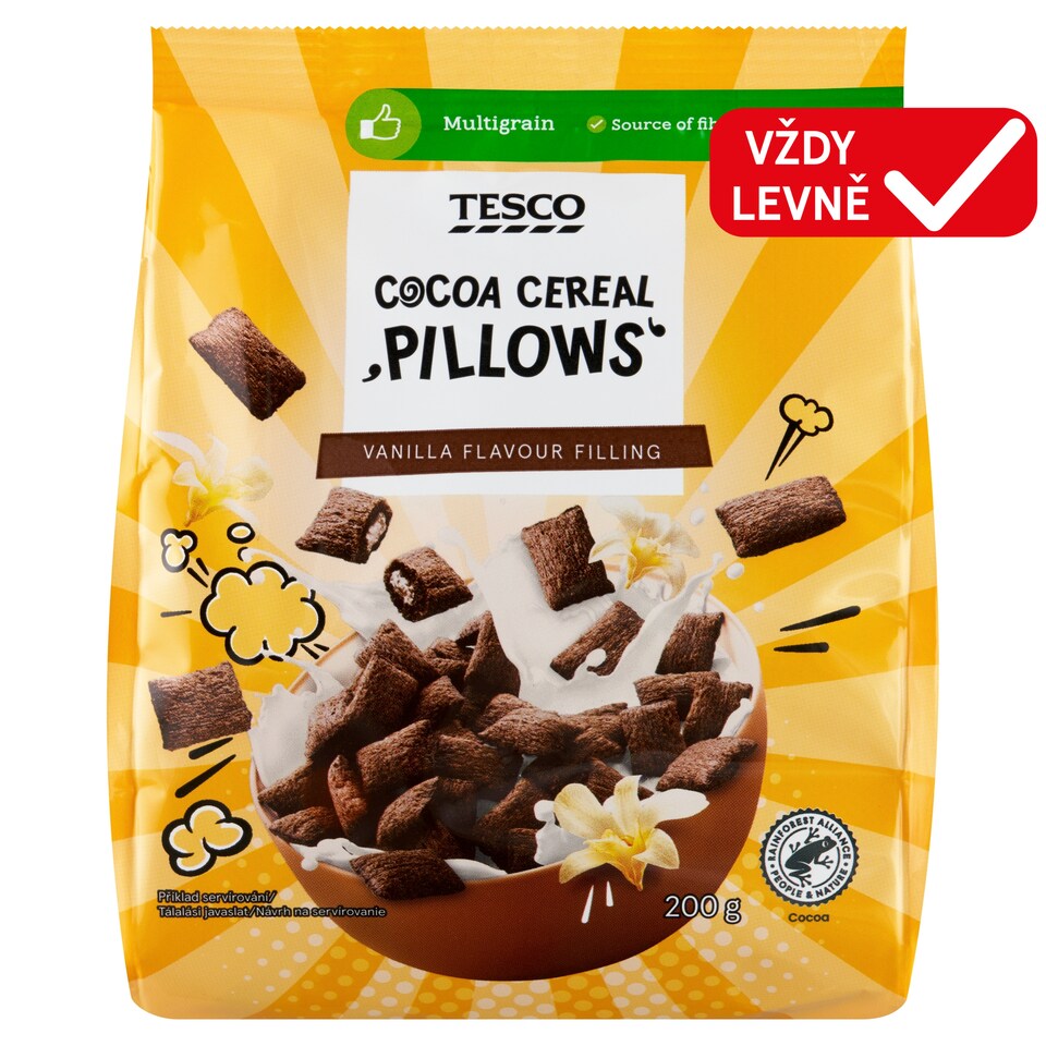 Tesco Cereální kakaové polštářky s náplní s vanilkovou příchutí 200g