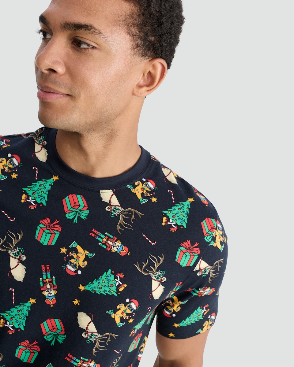 image 1 of F&F Pure Cotton Festive Print Short Sleeved T-Shirt in Navy