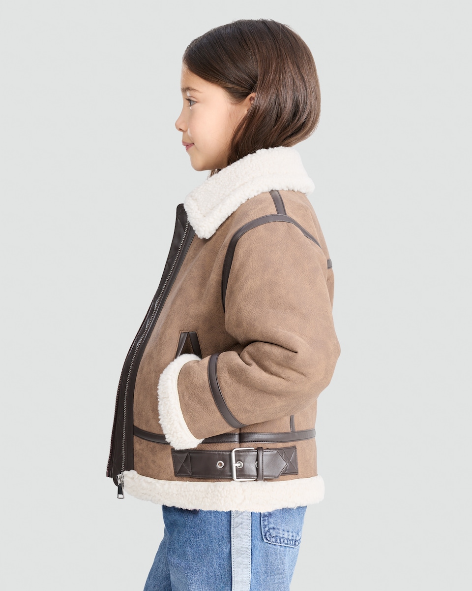 image 1 of F&F Girls Faux Shearling Aviator Jacket in Brown