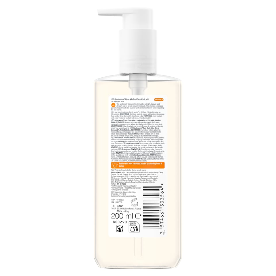 image 1 of Neutrogena Clear and Defend 2% Salicylic Acid Face Wash 200ml