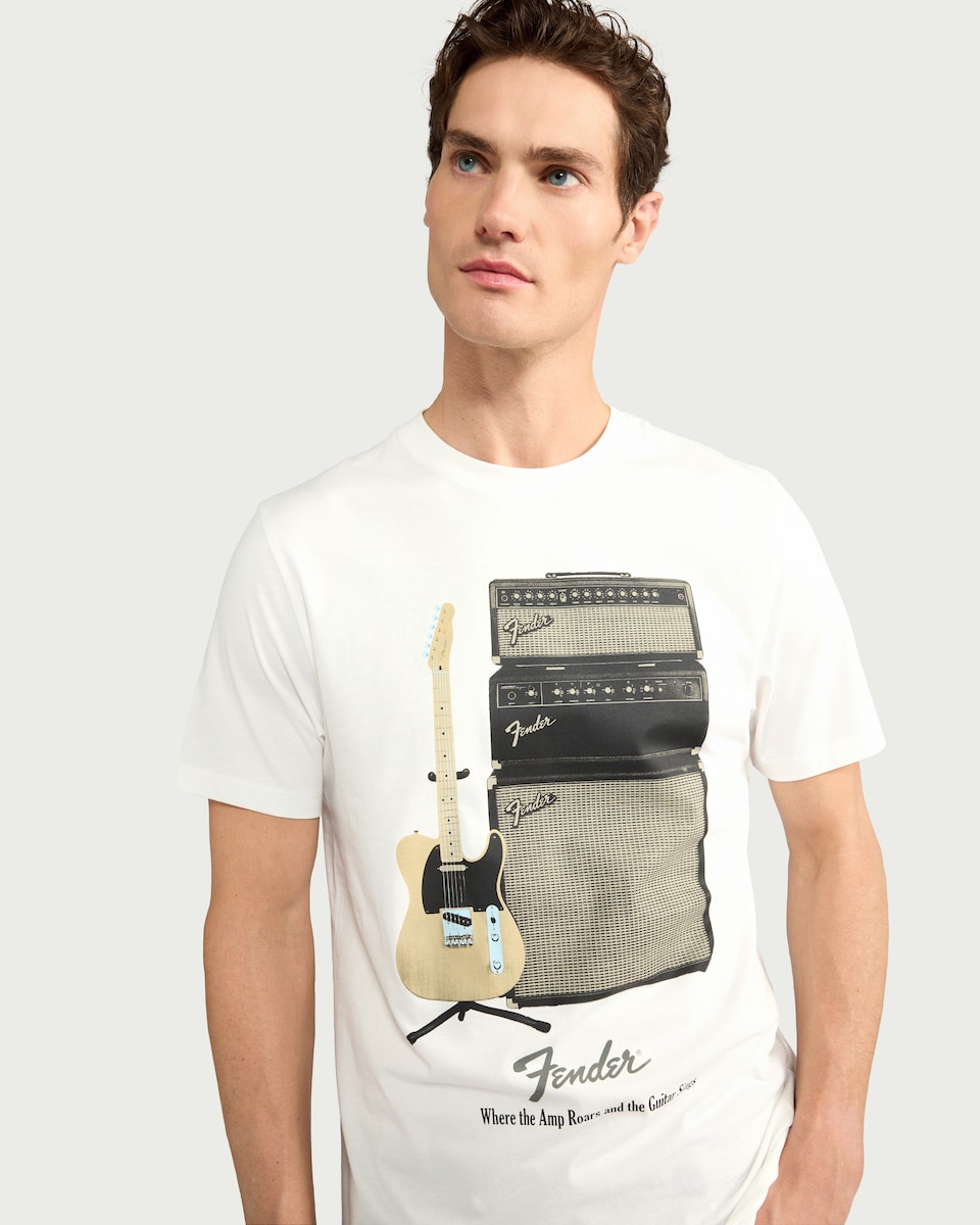 image 1 of Fender Pure Cotton Guitar Print T-Shirt in Ecru
