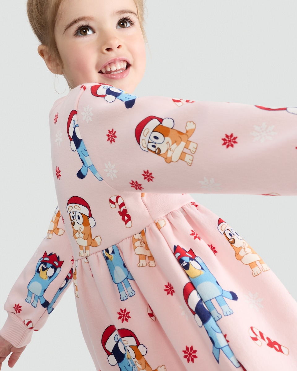 image 1 of Bluey Christmas Print Long Sleeved Sweat Dress in Pink