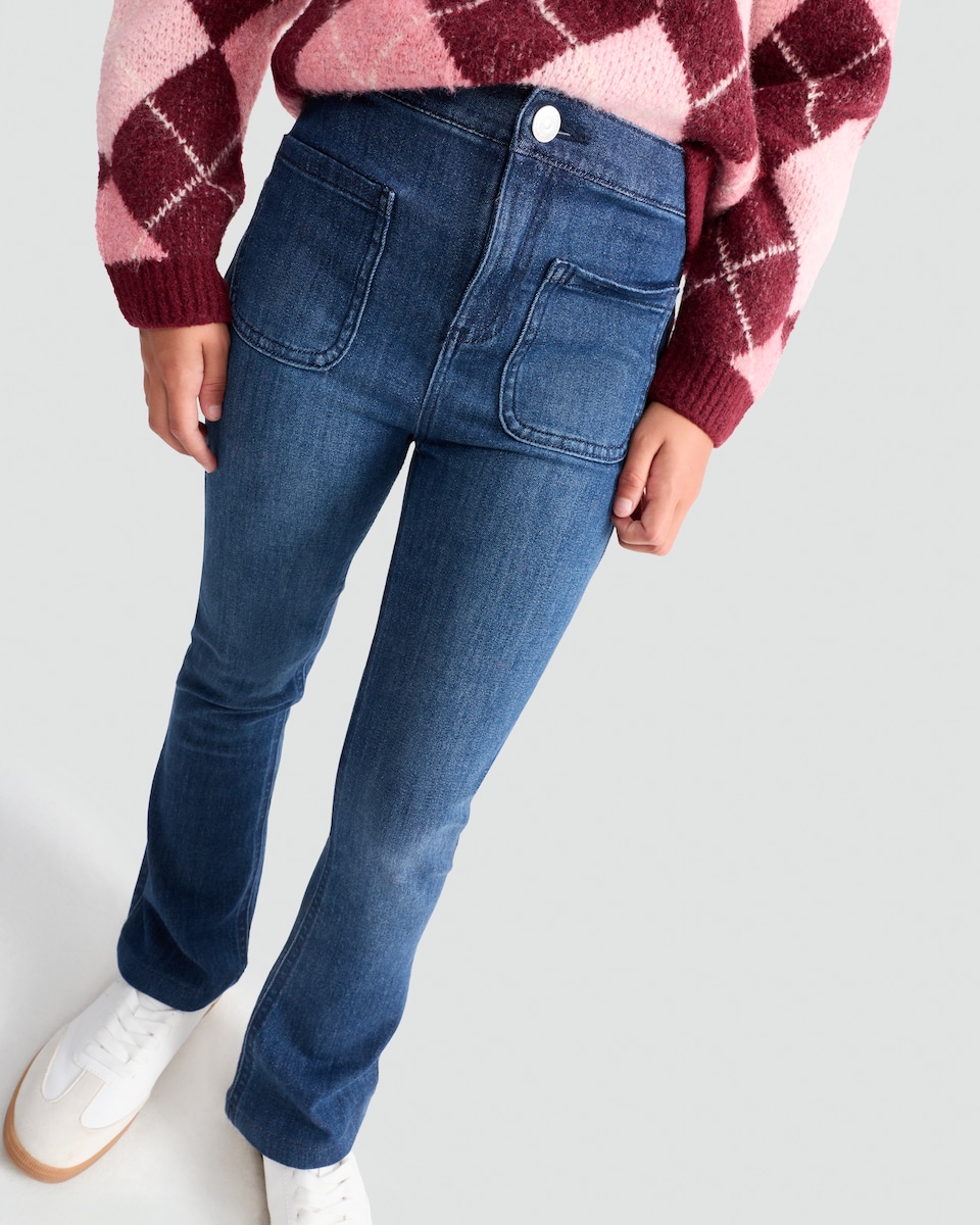 image 1 of F&F Girls Cotton Rich Flared Denim Jeans in Blue