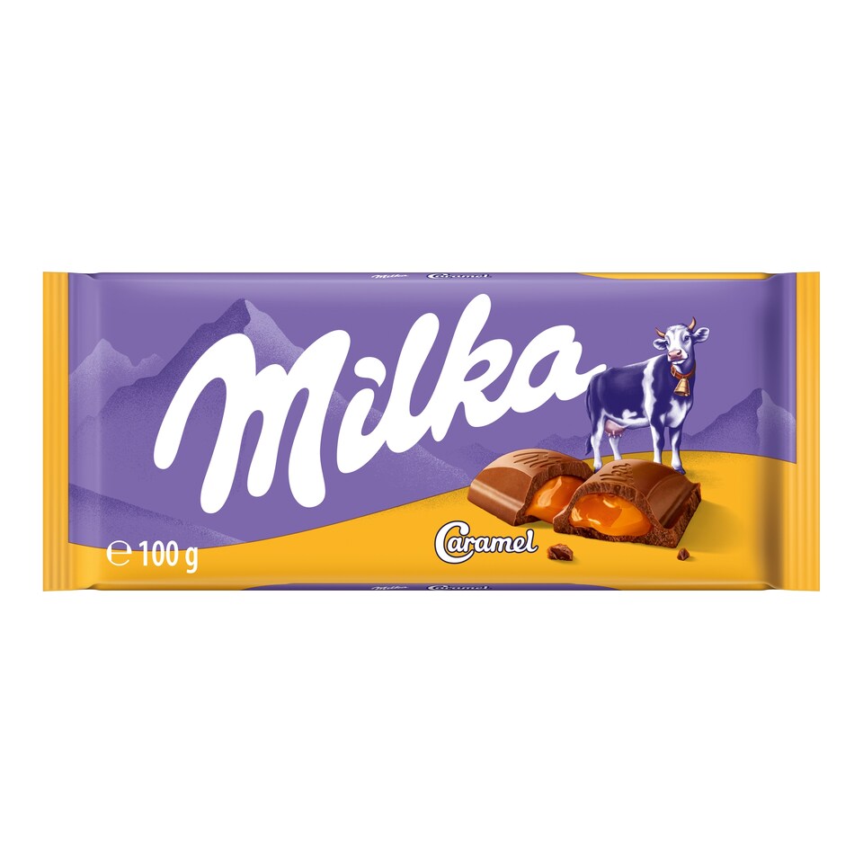 Milka alpesi tej felhasználásával készült tejcsokoládé karamellás töltelékkel 100 g