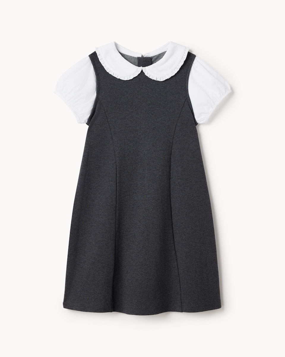 image 1 of F&F School Girls Cotton Rich 2 in 1 Pinafore Dress in Grey