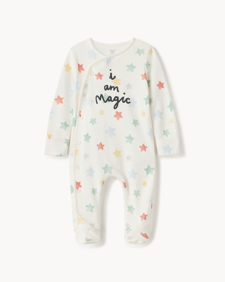image 1 of F&F Baby Pure Cotton I Am Magic Star Sleepsuit in White