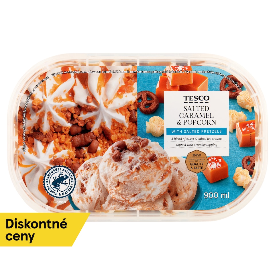 Tesco Mrazený krém so slaným karamelom a mrazený krém s príchuťou pukancov 900 ml
