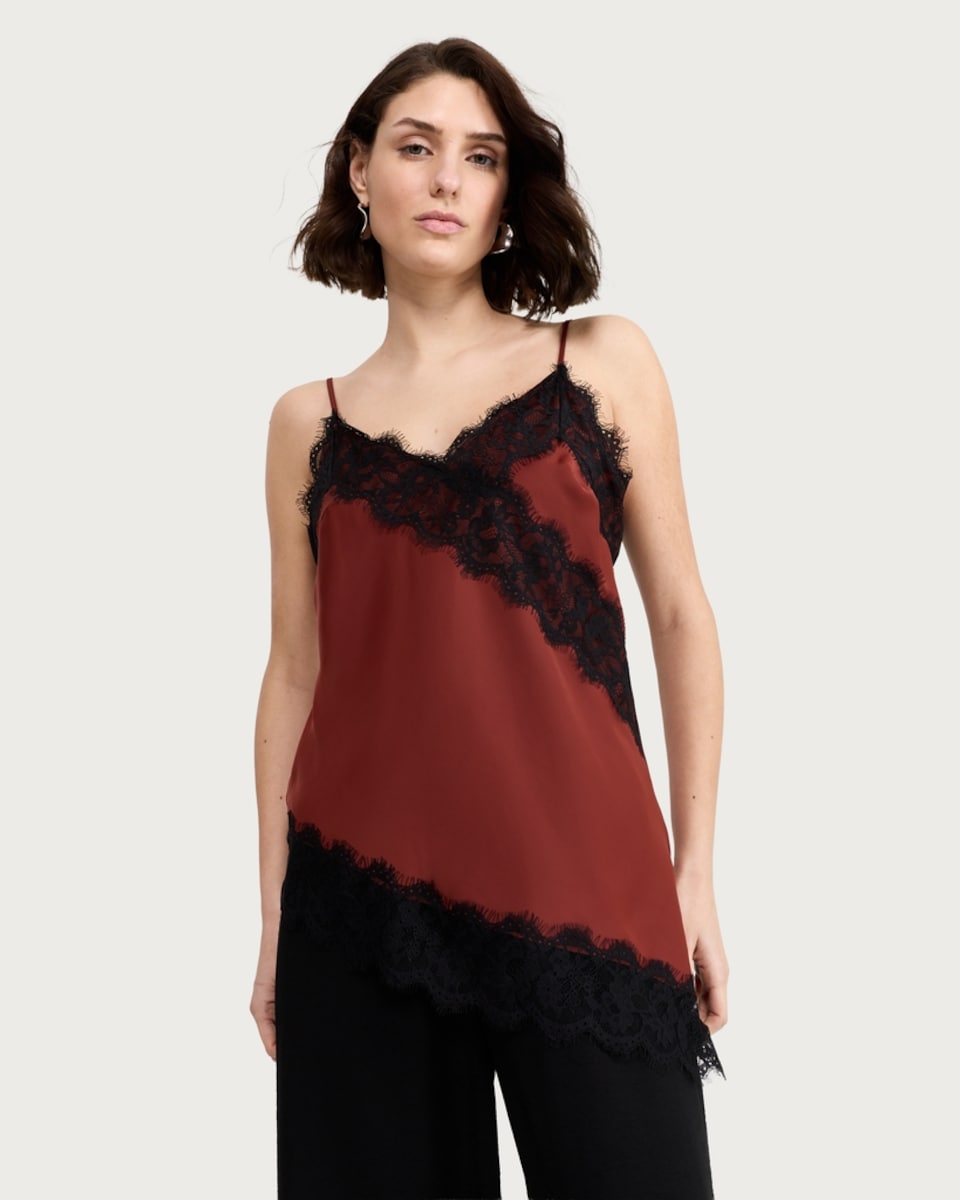 image 1 of F&F Asymmetric Hem Lace Trim Cami Top in Red