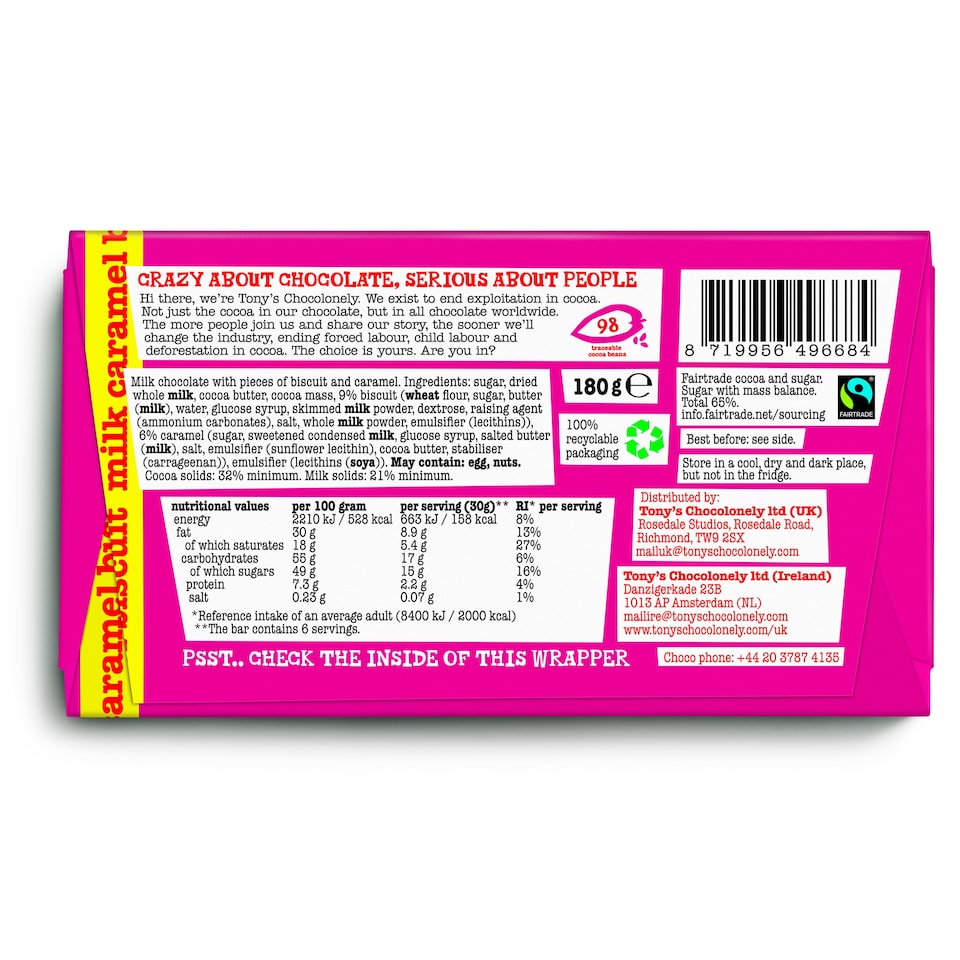 image 1 of Tony's Chocolonely Milk Chocolate Caramel Biscuit 180G