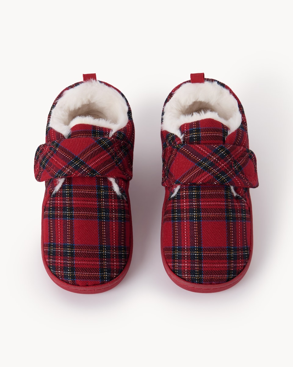 image 1 of Christmas Unisex Check Patterned Cupsole Slippers in Red