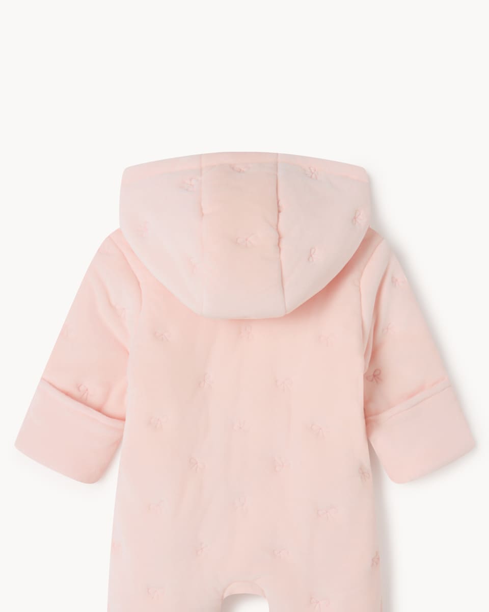 image 1 of F&F Baby Embroidered Bow Hooded Pramsuit in Pink
