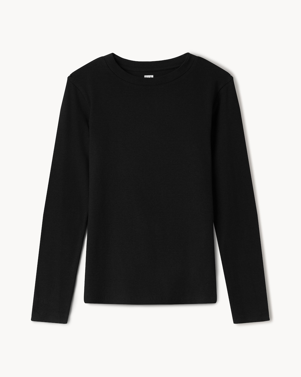 image 1 of F&F Cotton Rich Ribbed Long Sleeved Top in Black