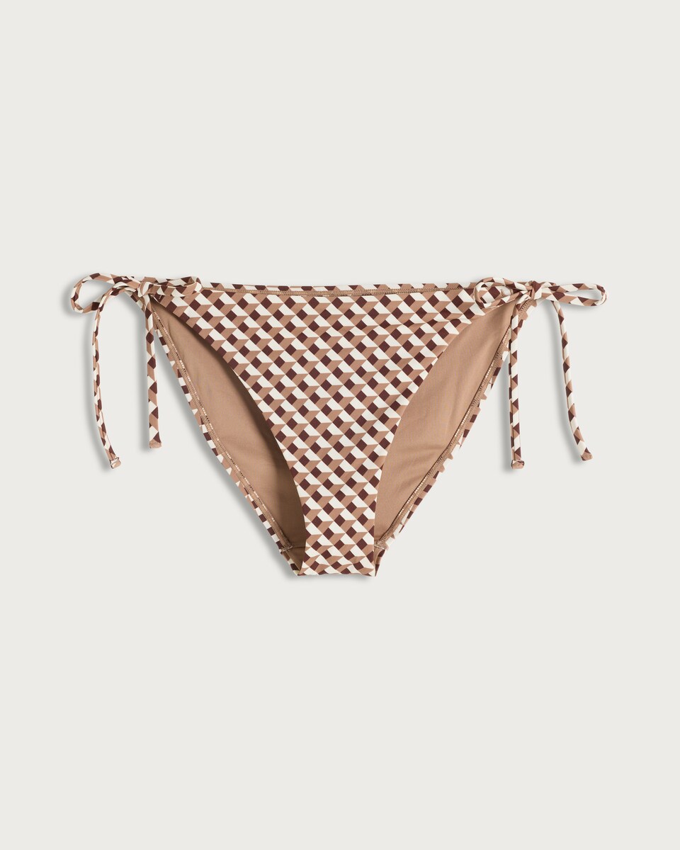 image 1 of F&F Geometric Print Tie Side Bikini Bottoms in Multi Brown