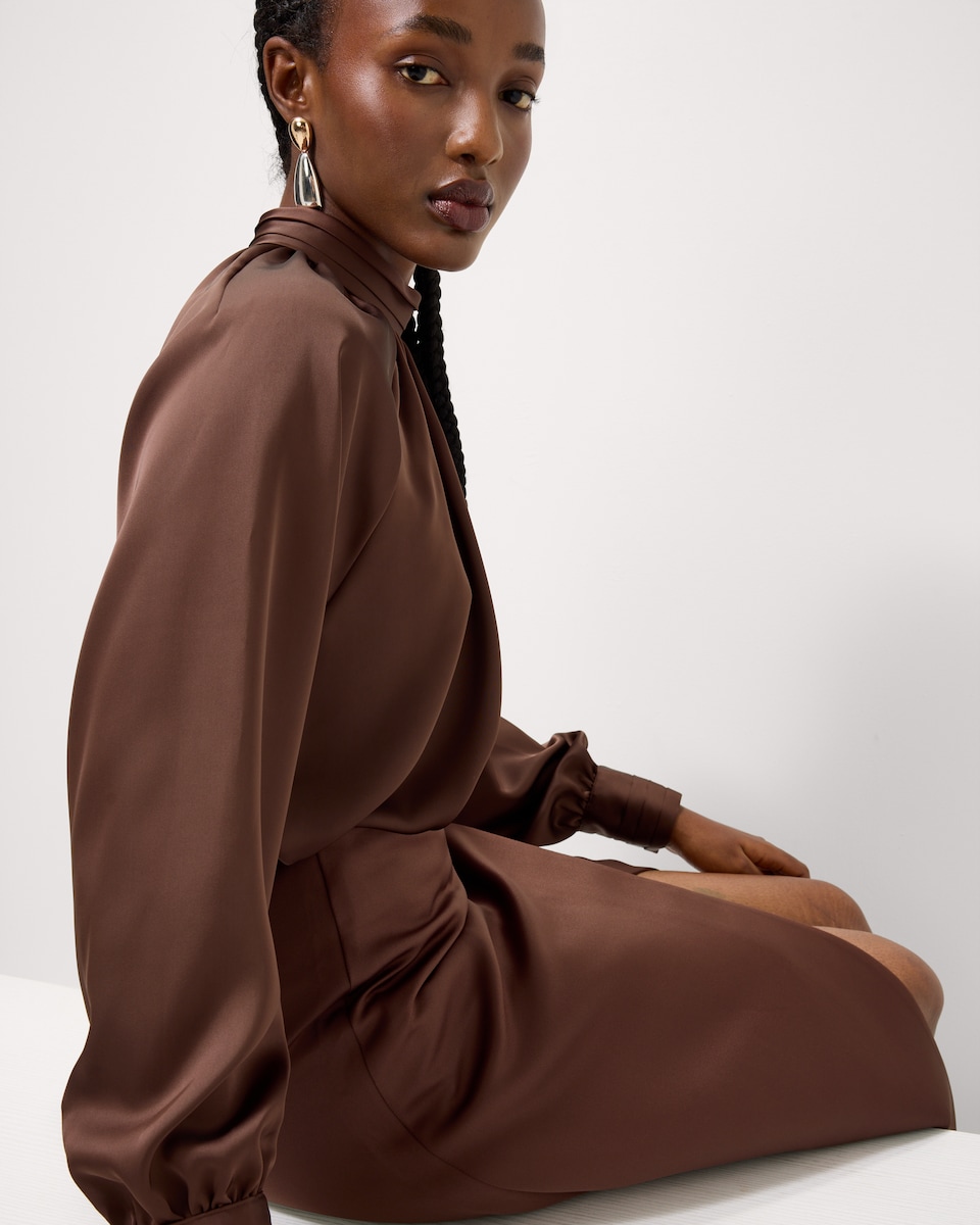 image 1 of F&F Satin High Neck Blouse in Tobacco
