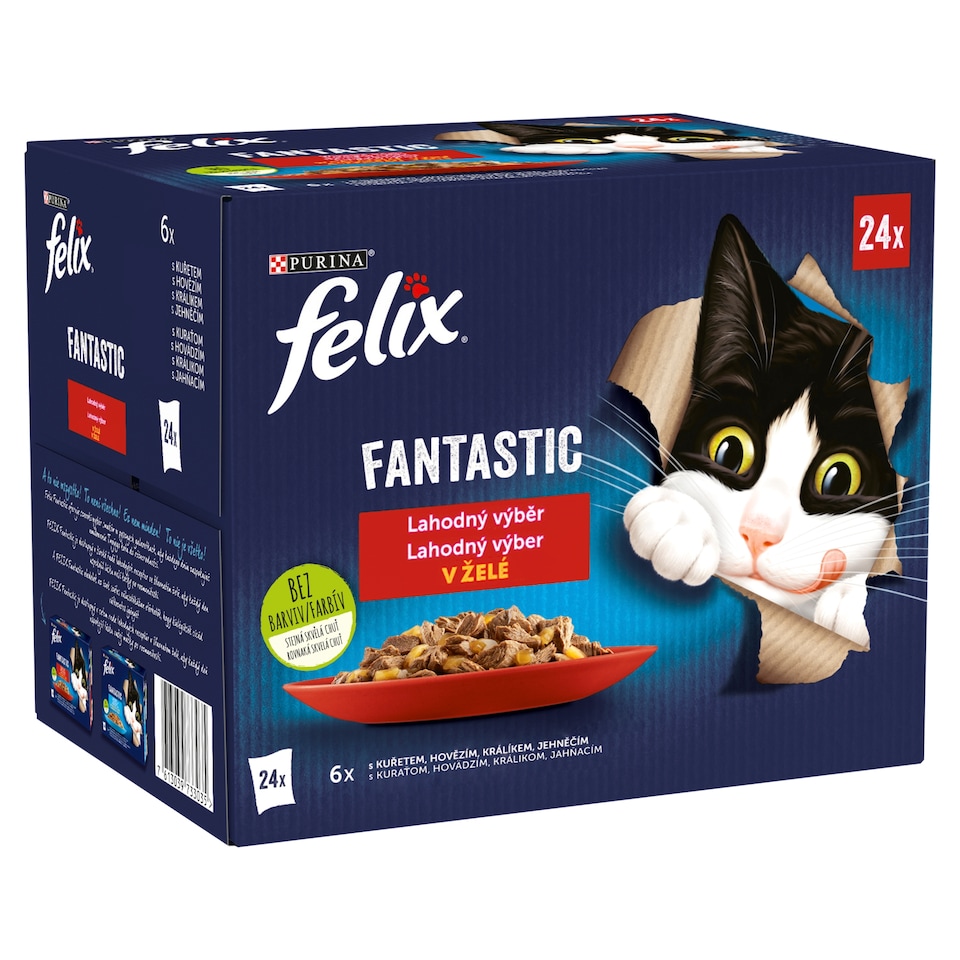 Obrázek 1 pro produkt Felix Fantastic kapsičky pro kočky kuře, hovězí, králík, jehněčí v želé 24 x 85g