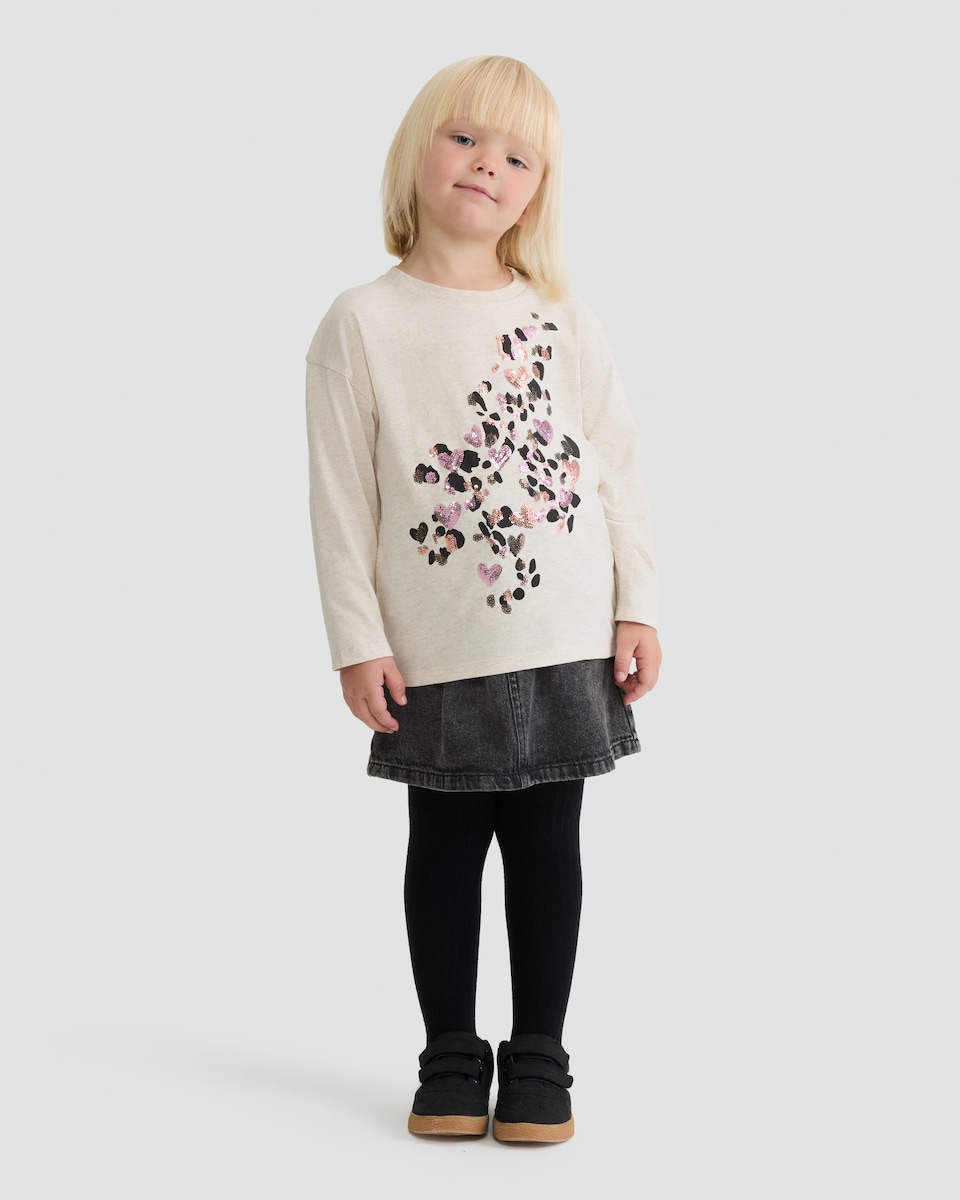 image 1 of F&F Girls Pure Cotton Foil Leopard Print Heart Print Top in Stone