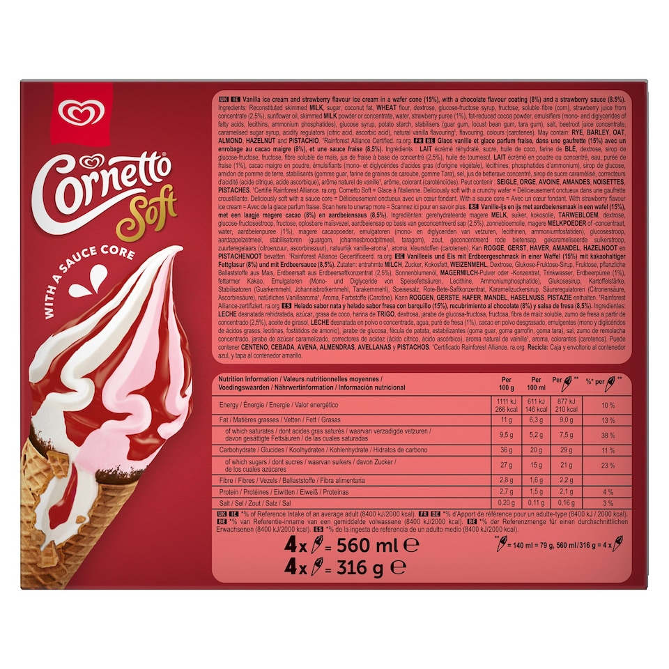 image 1 of Cornetto Soft Strawberry Ice Cream 4 x 140ml