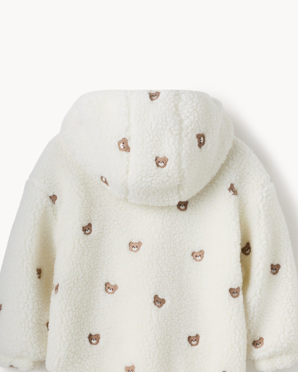 image 1 of F&F Girls Borg Bear Embroidered Hooded Jacket in Cream