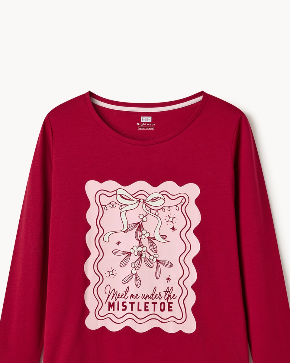 image 1 of Christmas Pure Cotton Mistletoe Top and Bottoms Pyjama Set in Multi Pink