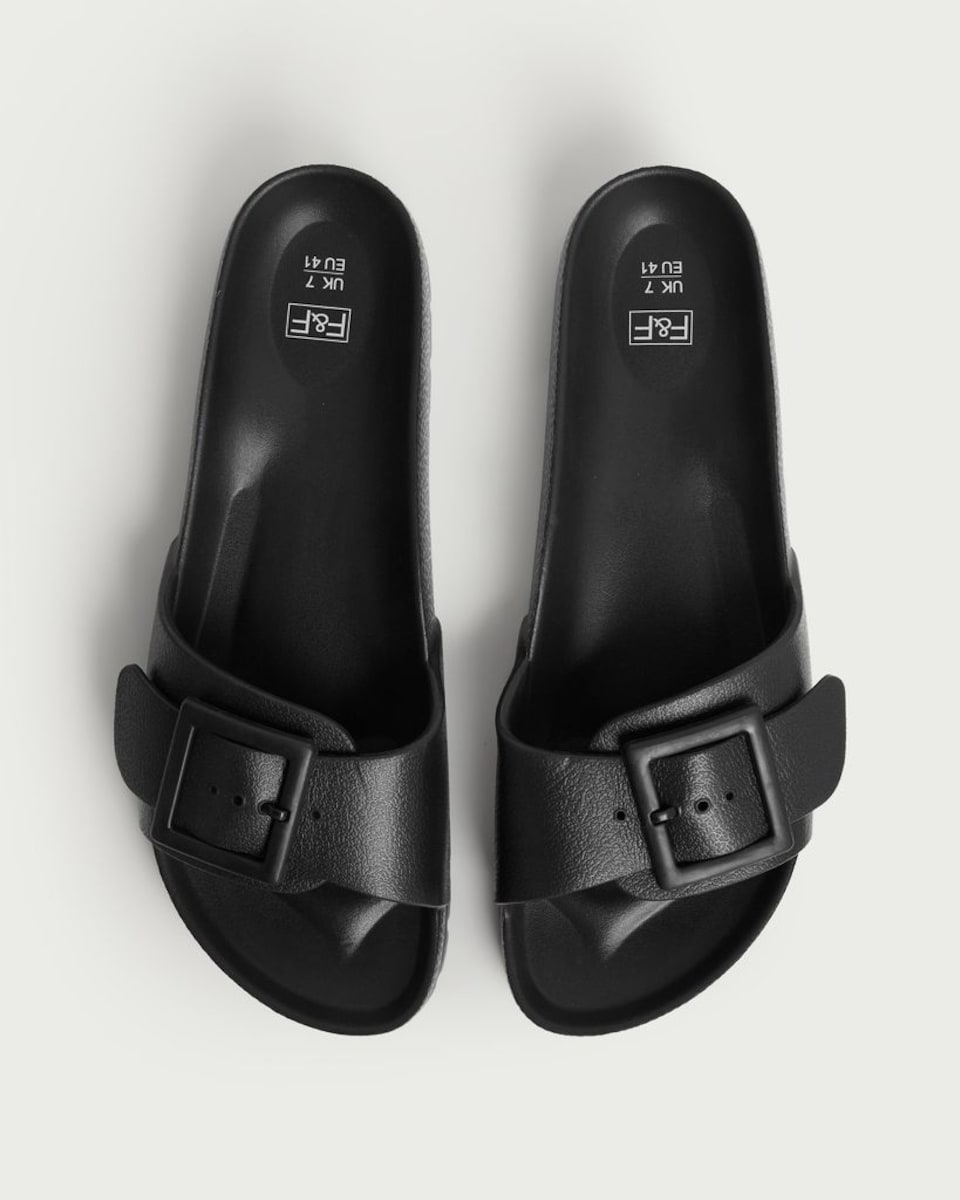 image 1 of F&F Buckle Detail Slip On Sandals in Black
