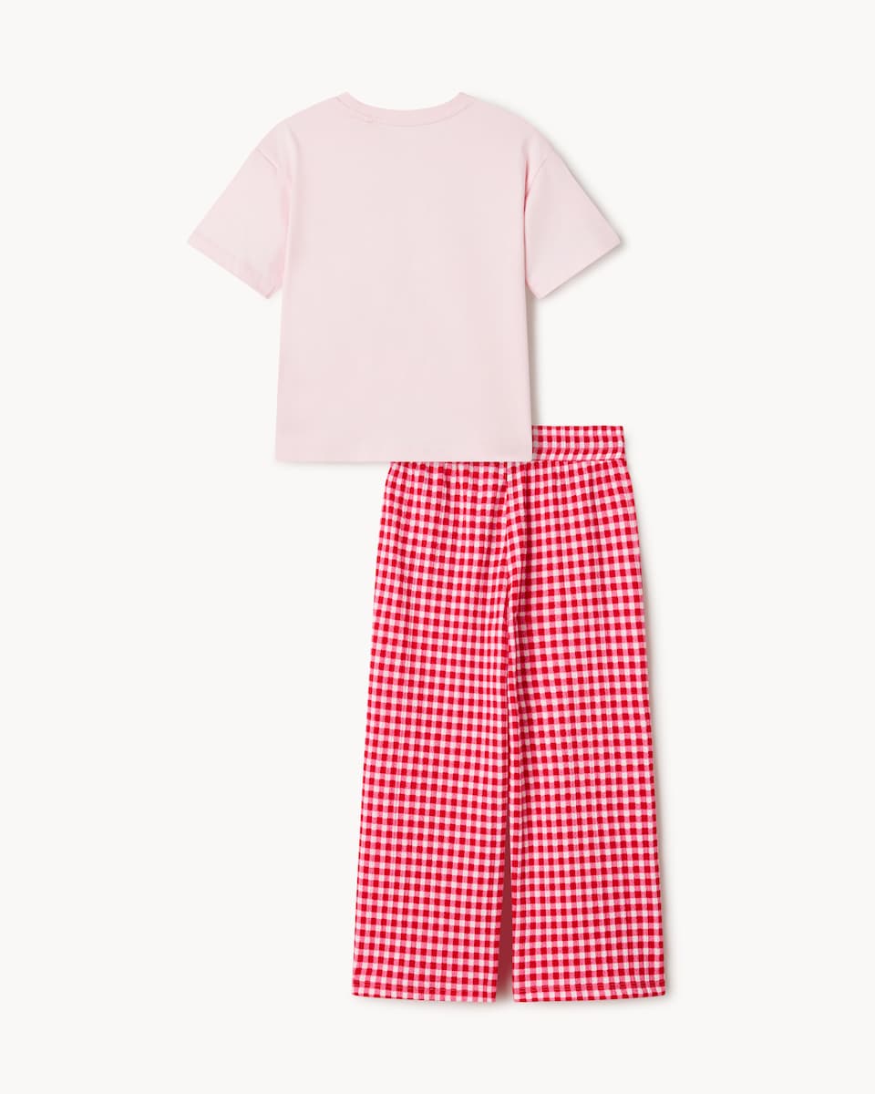 image 1 of F&F Girls 2-Piece Oh Lala T-Shirt and Trousers Set in Multi Pink