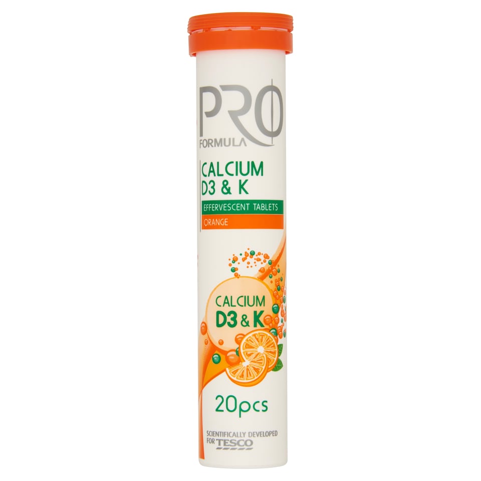 Tesco Pro Formula Šumivé tablety s vápnikom, vitamínom D a K s príchuťou pomaranča 20 tabliet 80 g