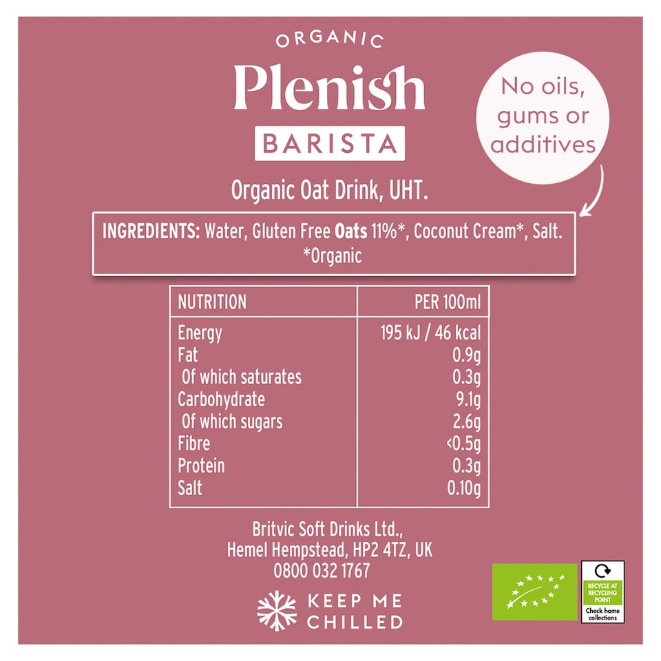 image 1 of Plenish Organic Barista Gluten Free Oat Drink 1L