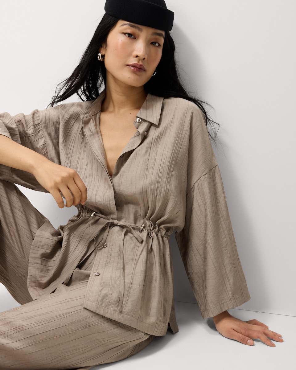 image 1 of F&F Textured Tie Waist Blouse in Mink
