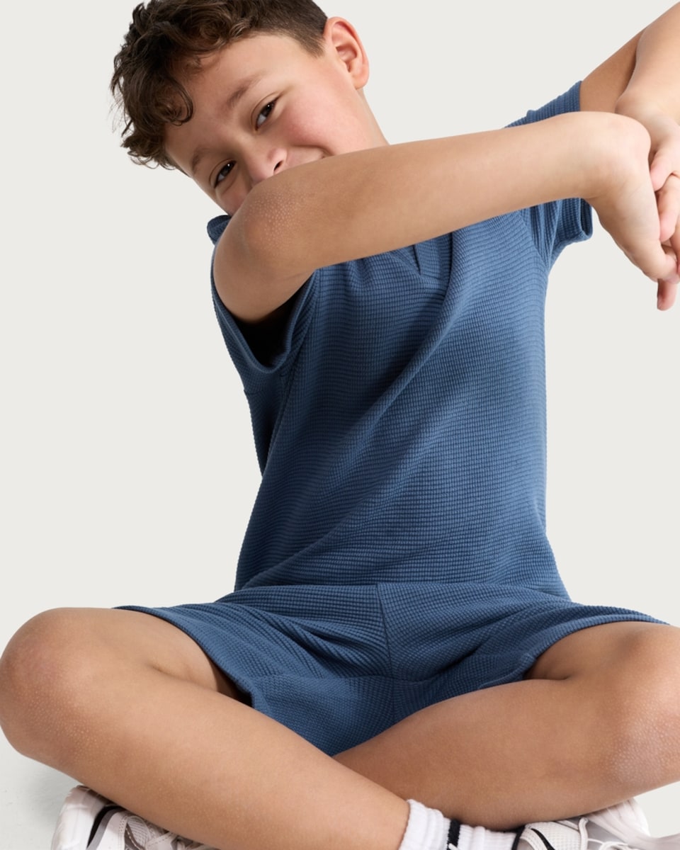 image 1 of F&F Boys 2-Piece Cotton Rich Textured Polo Shirt and Shorts Set in Blue