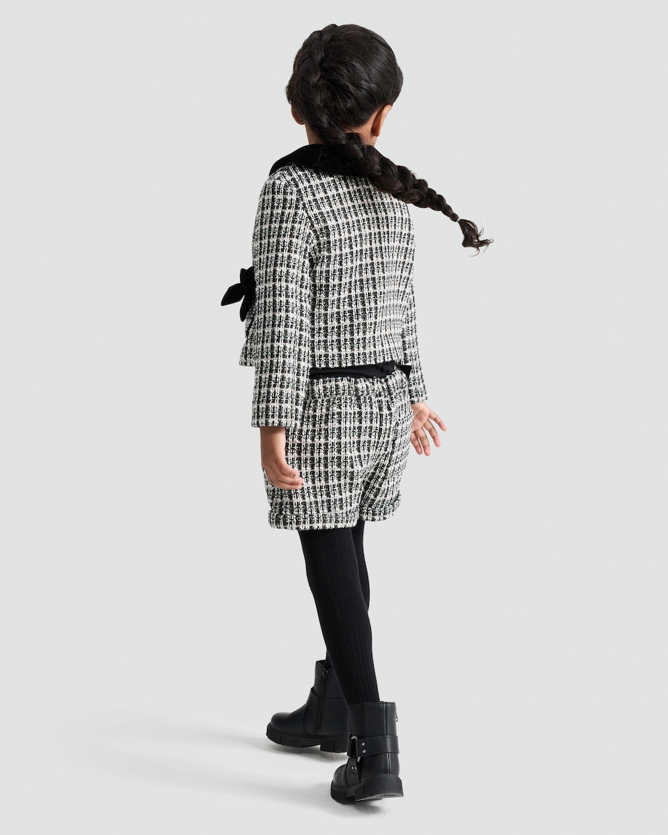 image 1 of F&F Girls 2-Piece Boucle Check Print Bow Jacket and Shorts Set in Multi Black White