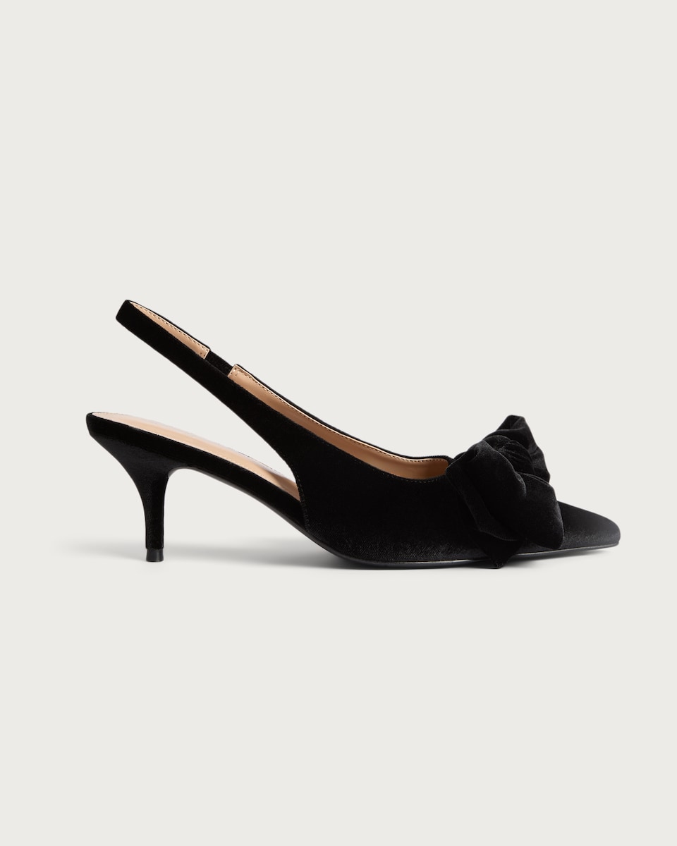 image 1 of SACHA Velvet Bow Detail Pointed Toe Slingback Heels in Black