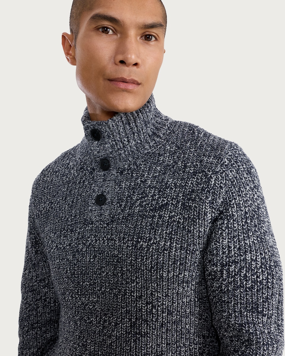 image 1 of F&F Knitted High Neck Buttoned Jumper with Wool in Navy