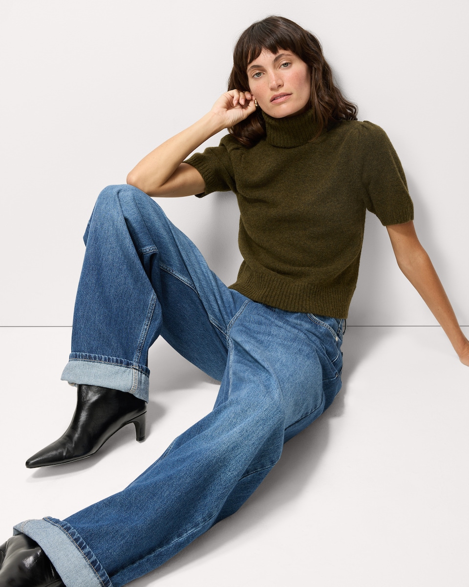 image 1 of F&F Roll Neck Puff Sleeved Jumper with Wool in Olive