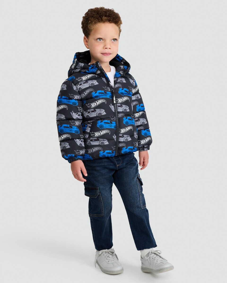 image 1 of Hot Wheels Print Padded Hooded Jacket in Black